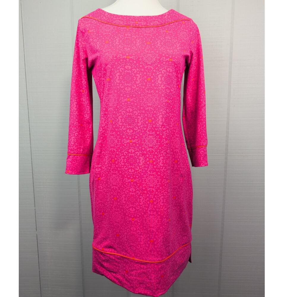 Lands End Womens 3/4 Sleeve Shift Dress XS Pink Stretch Swim Cover Up Boat Beach